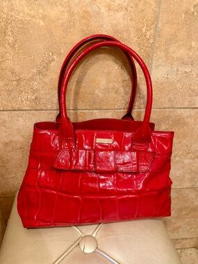 kate spade Red Patent Croc-Embossed Tote with Bow Detail